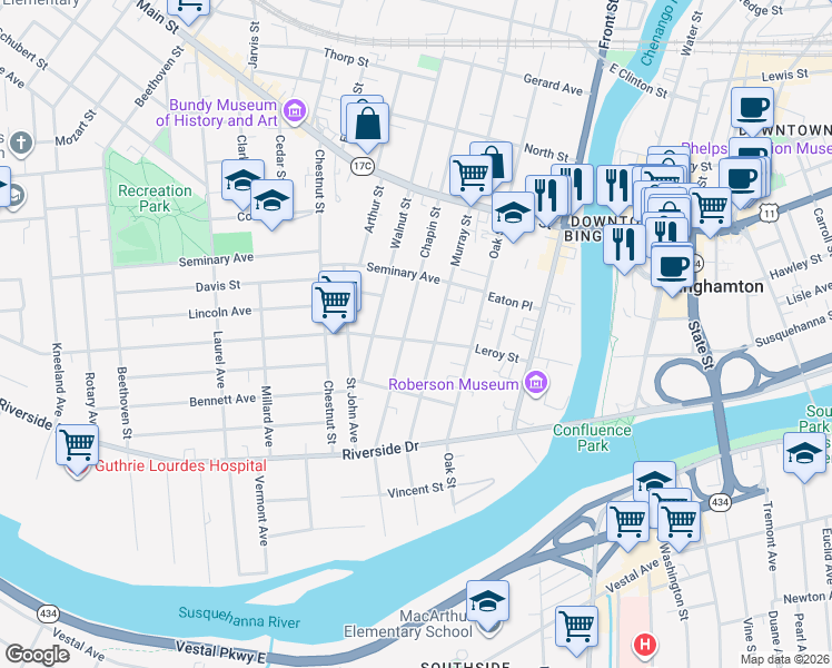 map of restaurants, bars, coffee shops, grocery stores, and more near 77 Murray Street in Binghamton