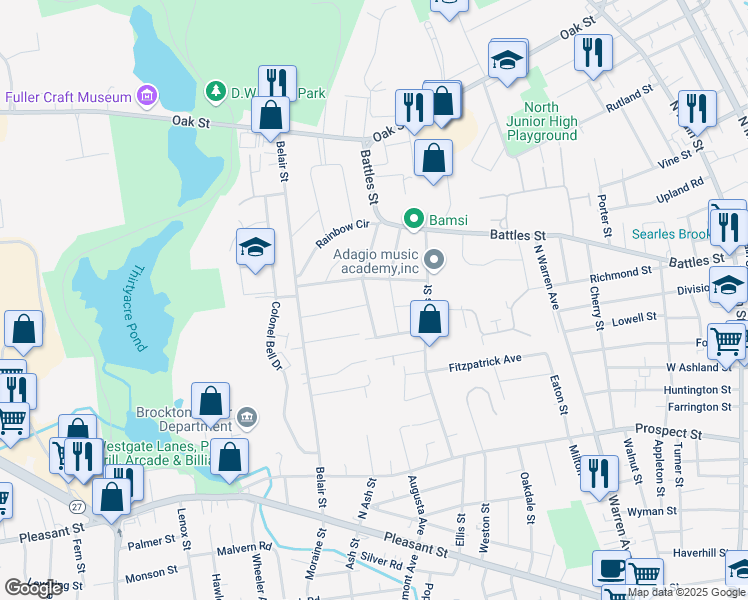 map of restaurants, bars, coffee shops, grocery stores, and more near 56 Berglund Avenue in Brockton