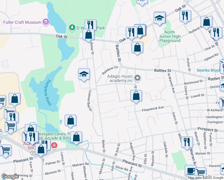 map of restaurants, bars, coffee shops, grocery stores, and more near 56 Berglund Avenue in Brockton