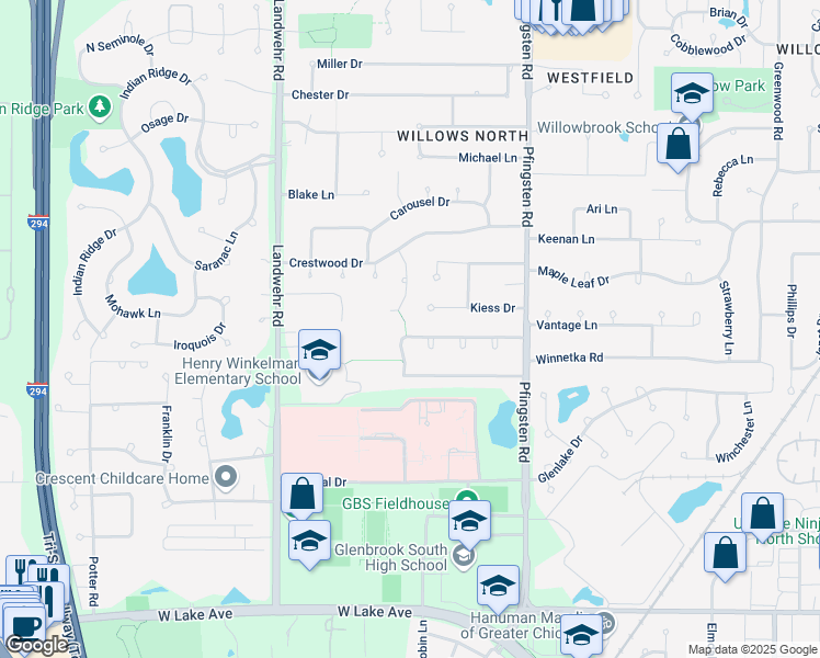 map of restaurants, bars, coffee shops, grocery stores, and more near 3907 Kiess Drive in Glenview