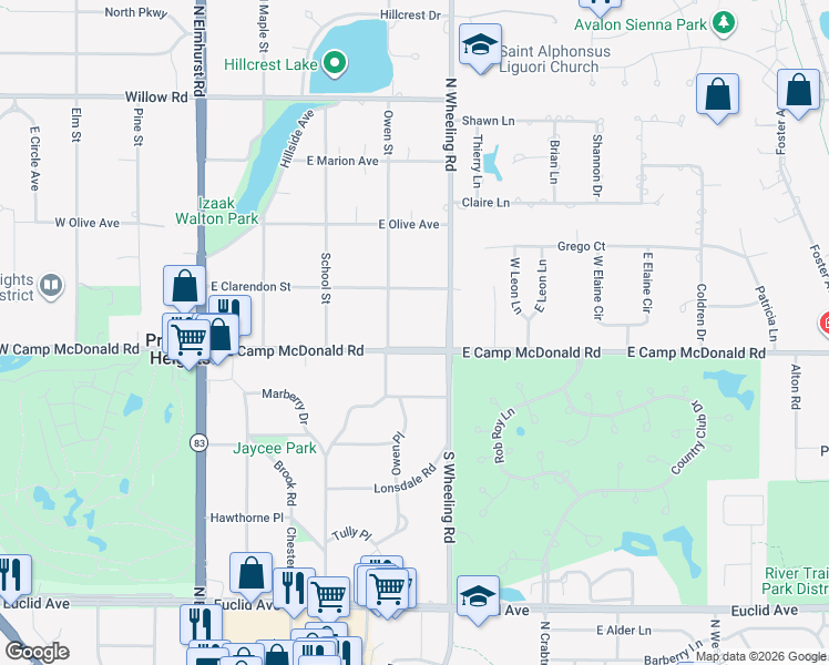 map of restaurants, bars, coffee shops, grocery stores, and more near 304 East Camp McDonald Road in Prospect Heights