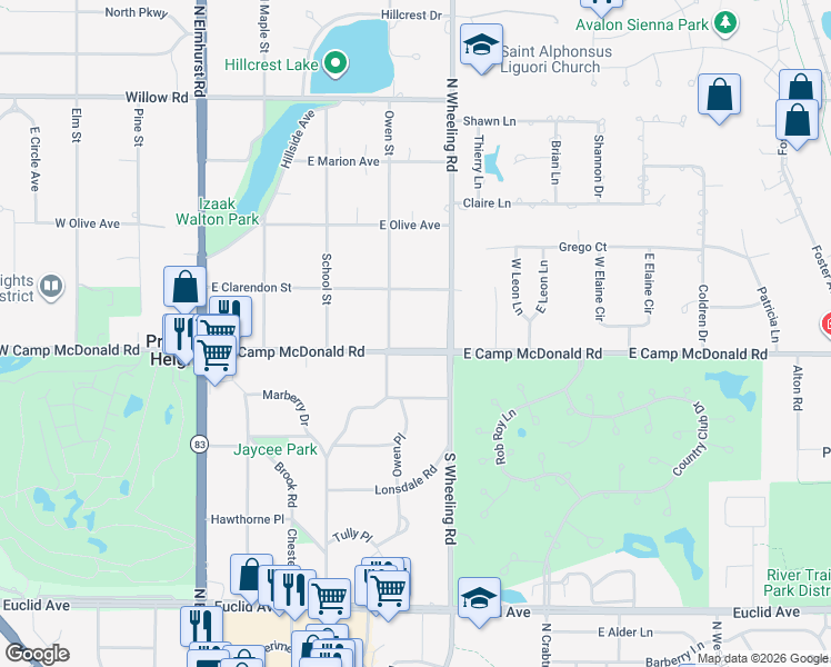 map of restaurants, bars, coffee shops, grocery stores, and more near 304 East Camp McDonald Road in Prospect Heights