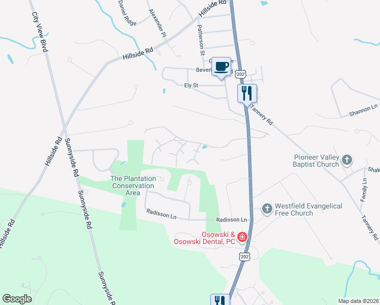 map of restaurants, bars, coffee shops, grocery stores, and more near 419 Southwick Road in Westfield