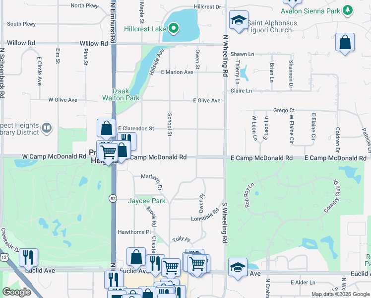 map of restaurants, bars, coffee shops, grocery stores, and more near 210 East Camp McDonald Road in Wheeling