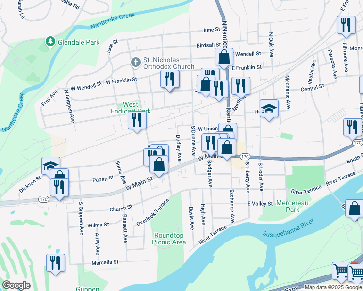 map of restaurants, bars, coffee shops, grocery stores, and more near 205 Dudley Avenue in Endicott