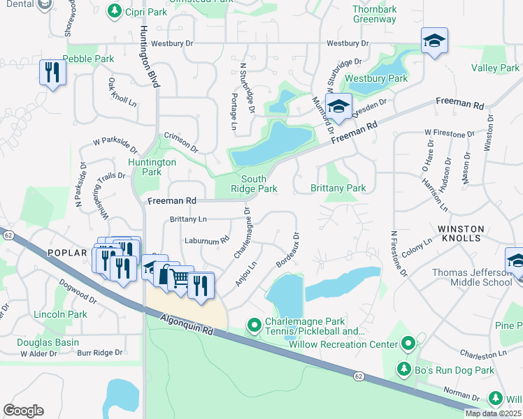 map of restaurants, bars, coffee shops, grocery stores, and more near 3961 Bordeaux Drive in Hoffman Estates