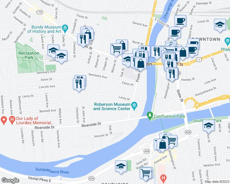 map of restaurants, bars, coffee shops, grocery stores, and more near 63 Oak Street in Binghamton
