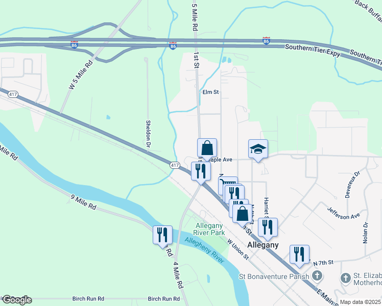map of restaurants, bars, coffee shops, grocery stores, and more near 45 1st Street in Allegany