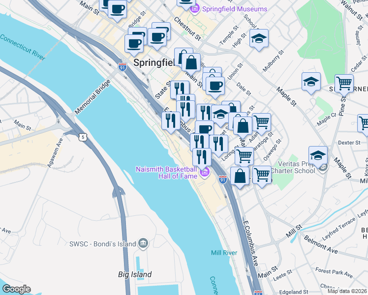 map of restaurants, bars, coffee shops, grocery stores, and more near 1150 Hall of Fame Avenue in Springfield