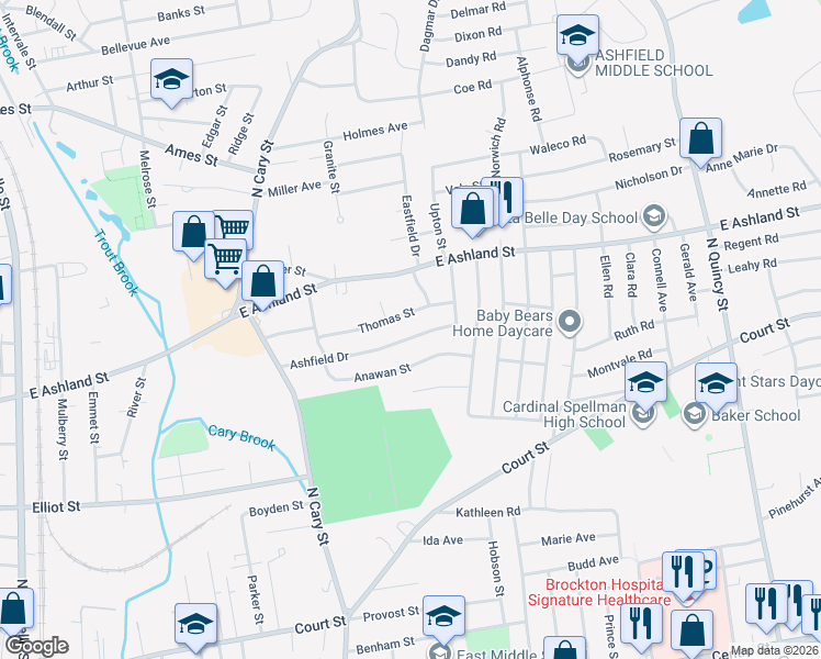 map of restaurants, bars, coffee shops, grocery stores, and more near 69 Thomas Street in Brockton