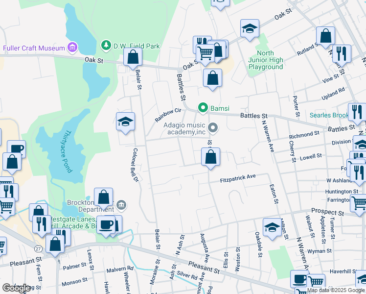 map of restaurants, bars, coffee shops, grocery stores, and more near 56 Berglund Avenue in Brockton