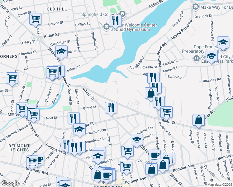 map of restaurants, bars, coffee shops, grocery stores, and more near 36 Randall Place in Springfield