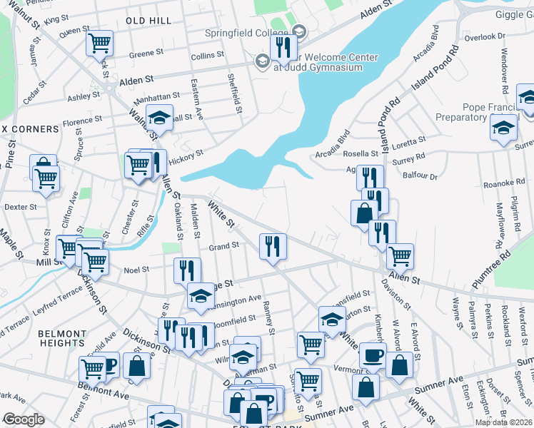 map of restaurants, bars, coffee shops, grocery stores, and more near 19 Hunt Street in Springfield
