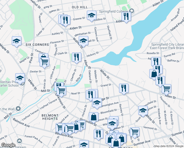 map of restaurants, bars, coffee shops, grocery stores, and more near 20-22 Malden Street in Springfield