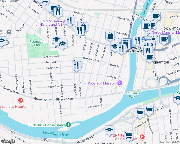 map of restaurants, bars, coffee shops, grocery stores, and more near 48 1/2 Leroy Street in Binghamton