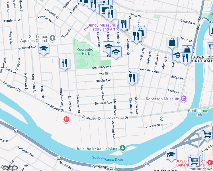map of restaurants, bars, coffee shops, grocery stores, and more near 102 Leroy Street in Binghamton