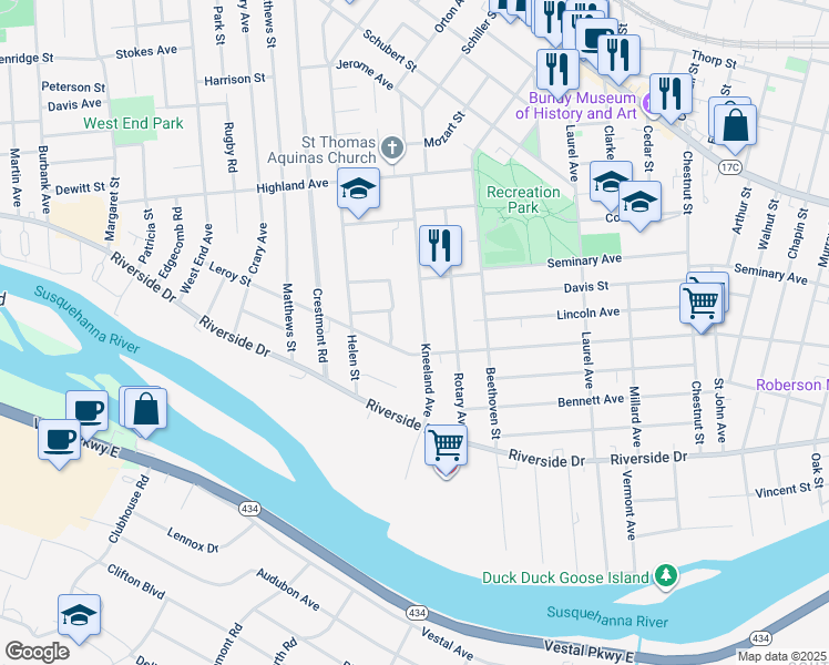 map of restaurants, bars, coffee shops, grocery stores, and more near 45 Kneeland Avenue in Binghamton