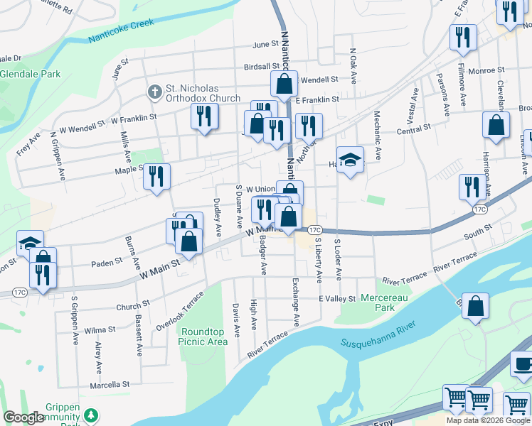 map of restaurants, bars, coffee shops, grocery stores, and more near 108 Day Place in Endicott