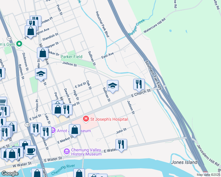 map of restaurants, bars, coffee shops, grocery stores, and more near 817-819 East 2nd Street in Elmira