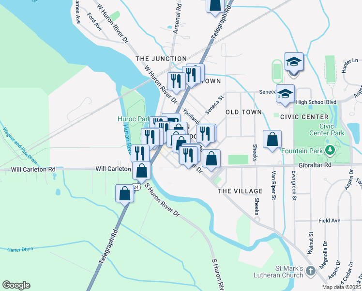 map of restaurants, bars, coffee shops, grocery stores, and more near in Flat Rock