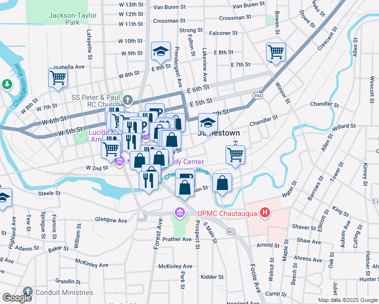 map of restaurants, bars, coffee shops, grocery stores, and more near 226 East 2nd Street in Jamestown