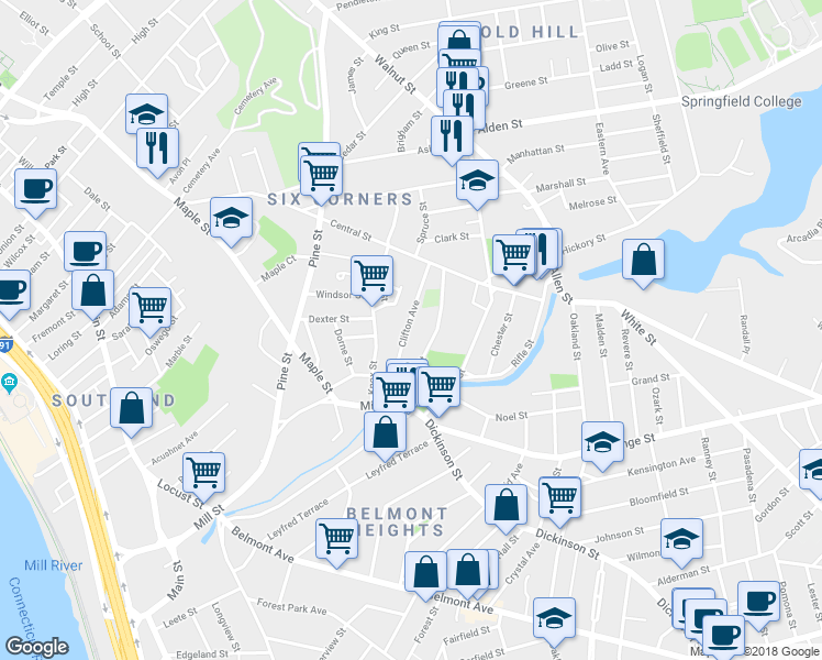 map of restaurants, bars, coffee shops, grocery stores, and more near 71 Clifton Avenue in Springfield