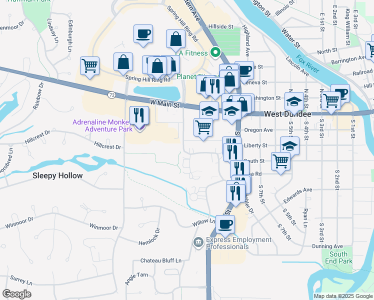 map of restaurants, bars, coffee shops, grocery stores, and more near 896 Village Quarter Road in West Dundee