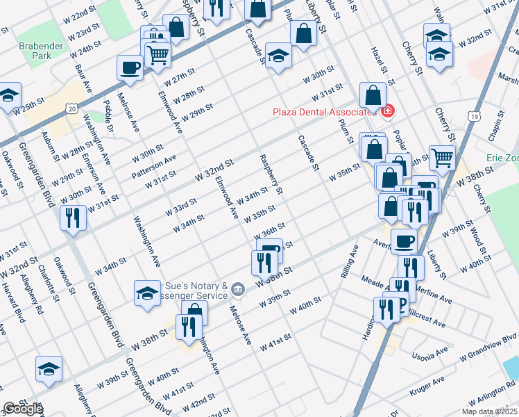 map of restaurants, bars, coffee shops, grocery stores, and more near 1207 West 34th Street in Erie