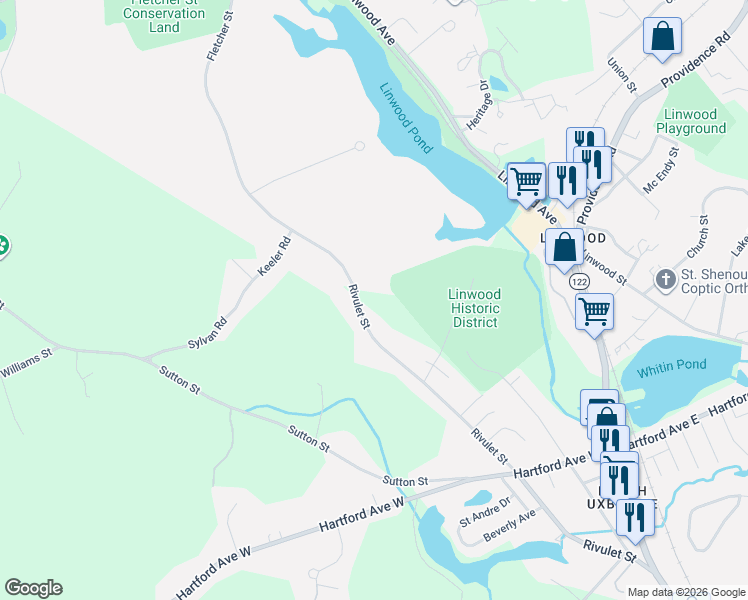map of restaurants, bars, coffee shops, grocery stores, and more near 235 Rivulet Street in Uxbridge