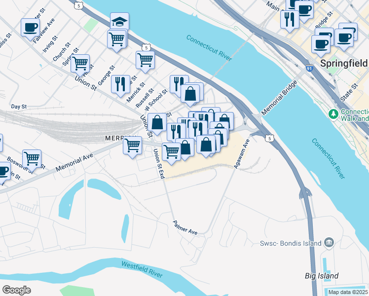 map of restaurants, bars, coffee shops, grocery stores, and more near 261 Memorial Avenue in West Springfield