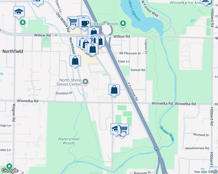 map of restaurants, bars, coffee shops, grocery stores, and more near 166 North Happ Road in Northfield