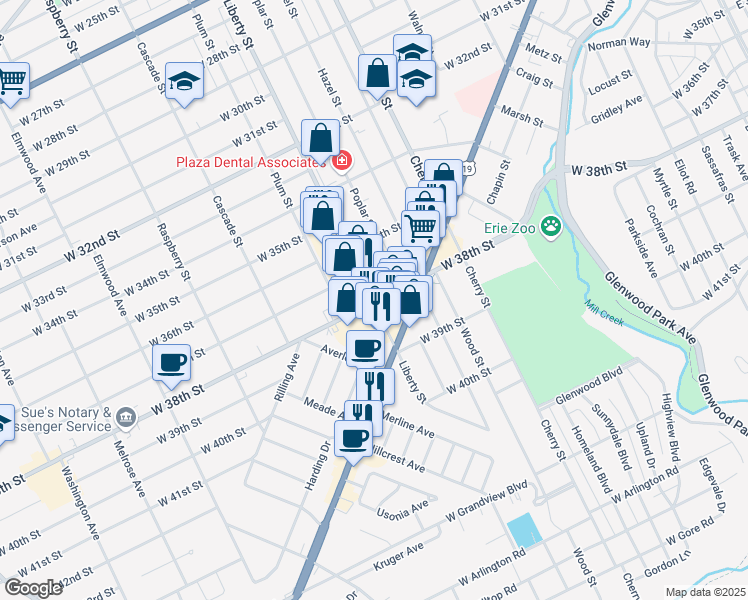 map of restaurants, bars, coffee shops, grocery stores, and more near 700 West 38th Street in Erie