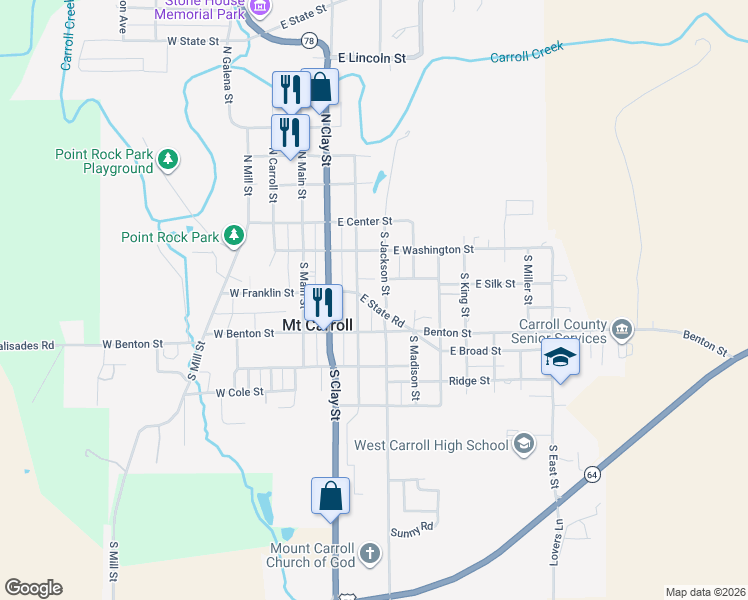 map of restaurants, bars, coffee shops, grocery stores, and more near 108 E State Rd in Mt Carroll