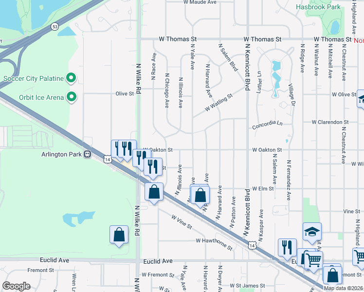map of restaurants, bars, coffee shops, grocery stores, and more near 1418 West Oakton Street in Arlington Heights