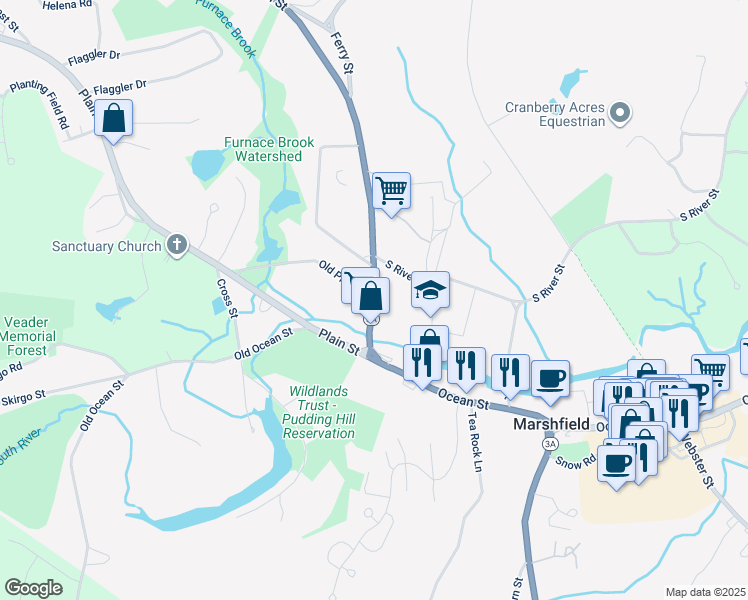 map of restaurants, bars, coffee shops, grocery stores, and more near 1 Old Plain Street in Marshfield