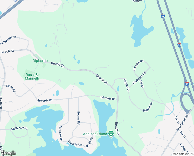 map of restaurants, bars, coffee shops, grocery stores, and more near 108 Beach Street in Foxborough