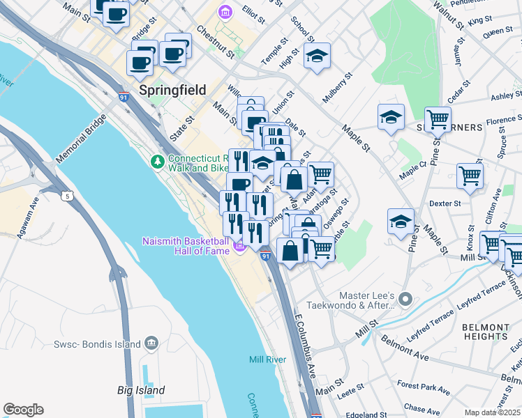 map of restaurants, bars, coffee shops, grocery stores, and more near 54 Fremont Street in Springfield