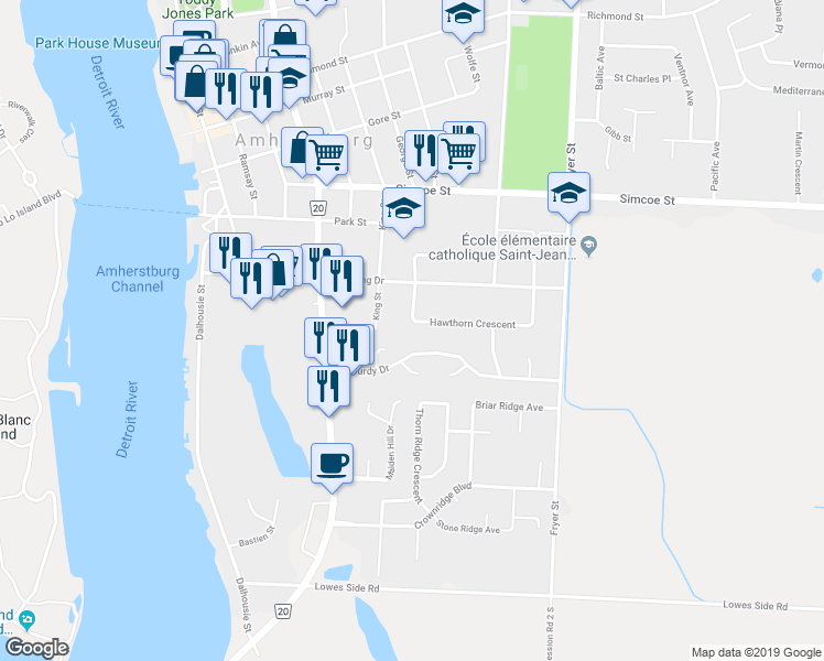 map of restaurants, bars, coffee shops, grocery stores, and more near 243 Hawthorn Crescent in Amherstburg