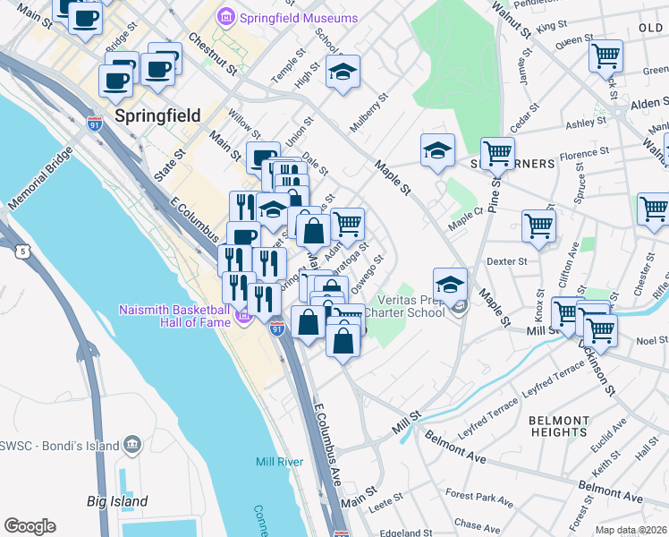map of restaurants, bars, coffee shops, grocery stores, and more near 28 Saratoga Street in Springfield