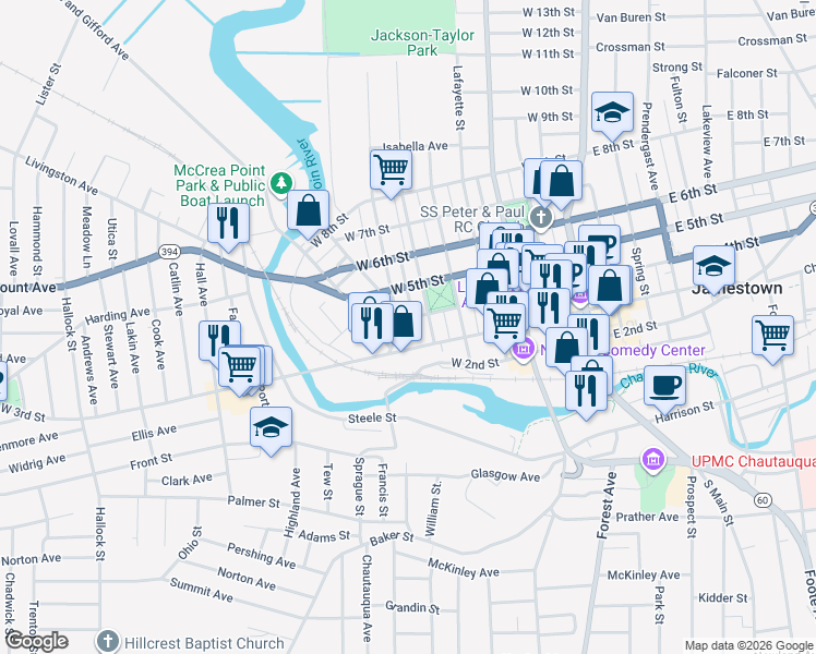 map of restaurants, bars, coffee shops, grocery stores, and more near 507 West 4th Street in Jamestown