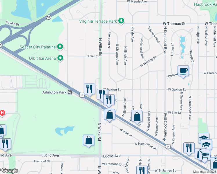 map of restaurants, bars, coffee shops, grocery stores, and more near 1702 West Oakton Street in Arlington Heights