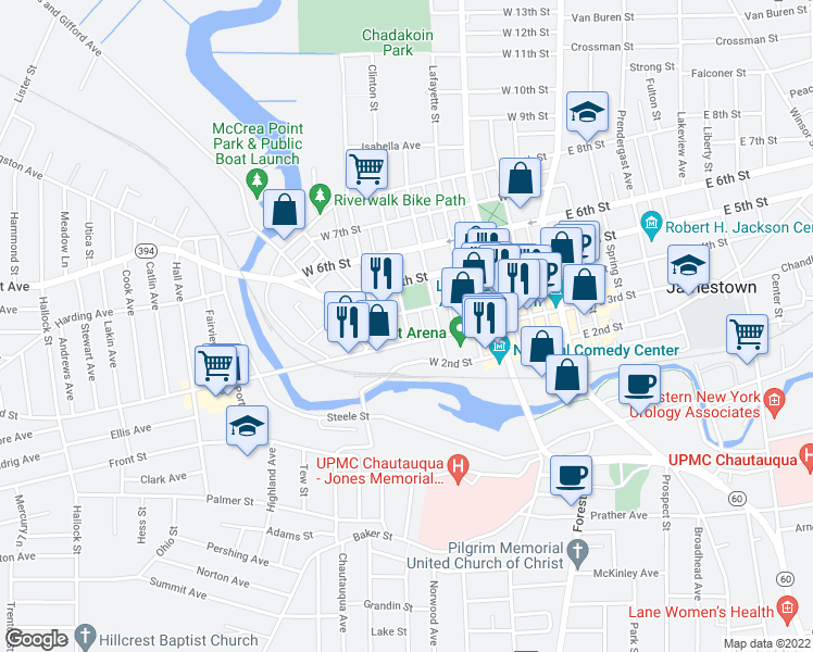 map of restaurants, bars, coffee shops, grocery stores, and more near 401 West 4th Street in Jamestown