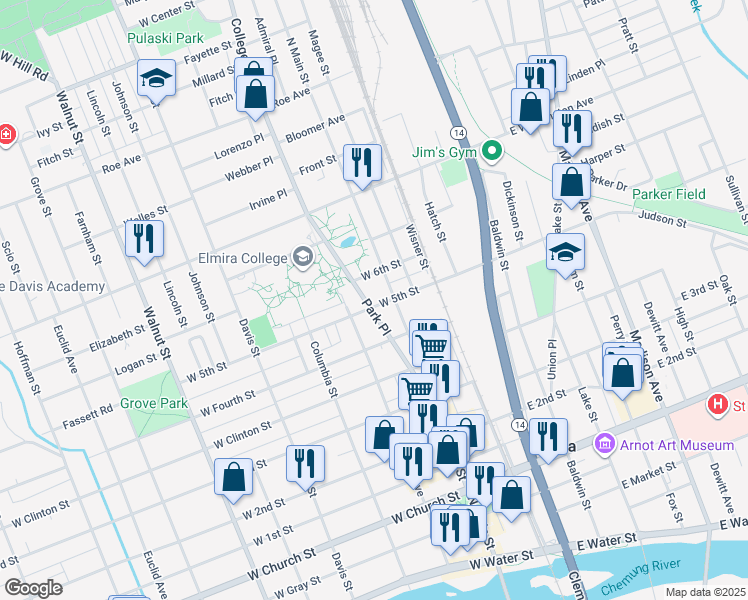 map of restaurants, bars, coffee shops, grocery stores, and more near 206 West 5th Street in Elmira