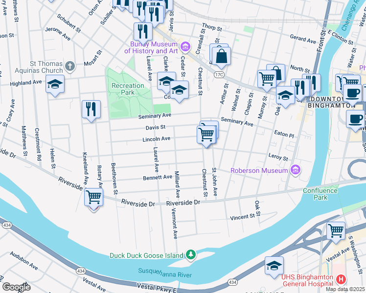 map of restaurants, bars, coffee shops, grocery stores, and more near 86 Leroy Street in Binghamton