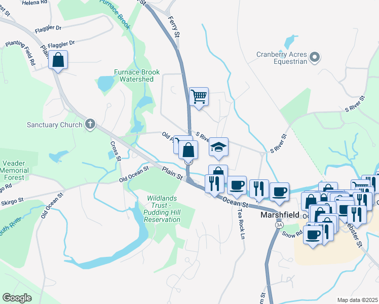 map of restaurants, bars, coffee shops, grocery stores, and more near 2 Old Plain Street in Marshfield