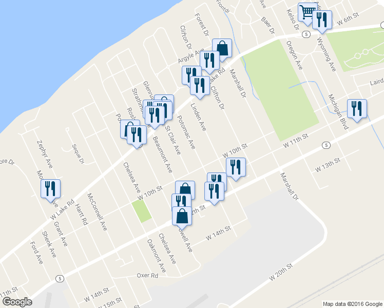map of restaurants, bars, coffee shops, grocery stores, and more near 904 Potomac Avenue in Erie