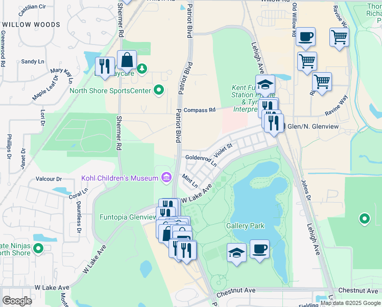 map of restaurants, bars, coffee shops, grocery stores, and more near 2660 Goldenrod Lane in Glenview