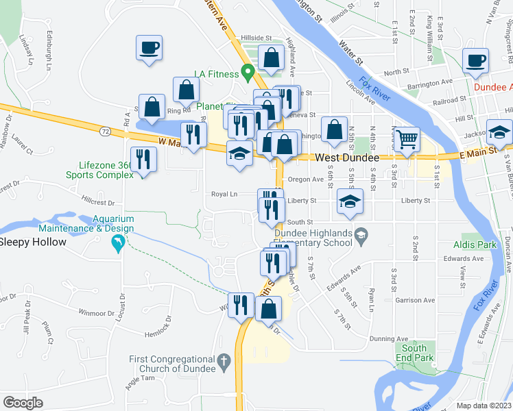 map of restaurants, bars, coffee shops, grocery stores, and more near 854-858 Village Quarter Road in West Dundee