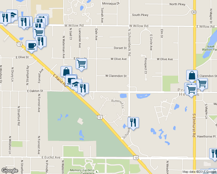map of restaurants, bars, coffee shops, grocery stores, and more near 414 West Camp McDonald Road in Prospect Heights