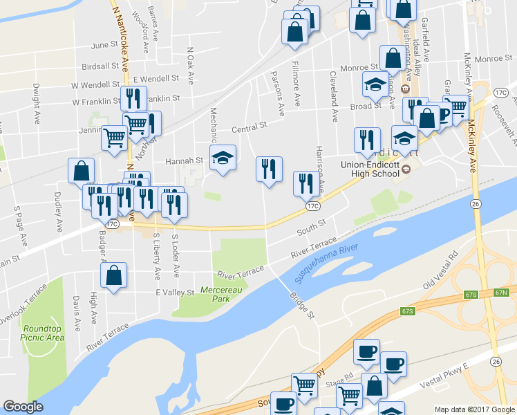 map of restaurants, bars, coffee shops, grocery stores, and more near 232 Vestal Avenue in Endicott